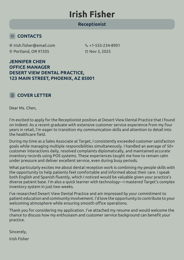 How to Write a Receptionist Cover Letter (+ Examples and Tips)