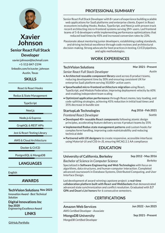 Senior React Developer Resume: Writing Guide with Examples