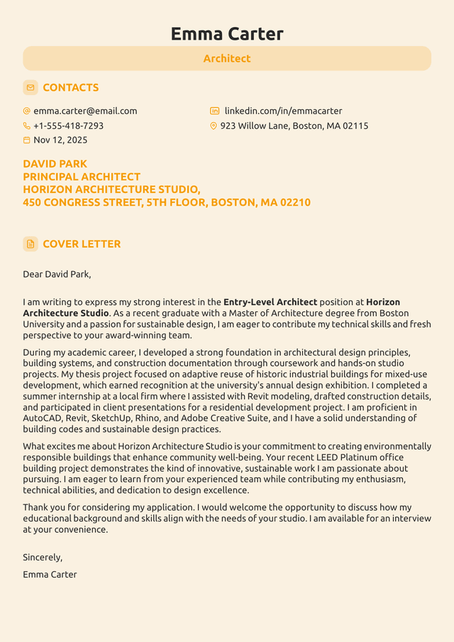 Architecture Cover Letter: Examples + Writing Guide for 2026