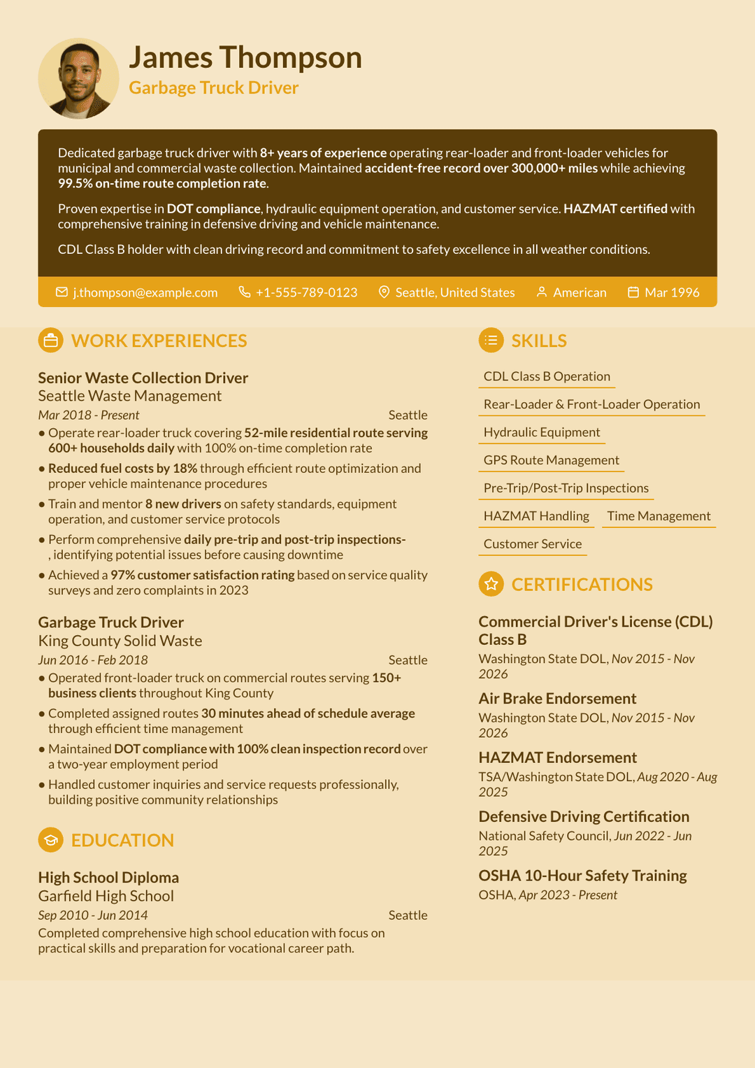 Garbage Truck Driver Resume: Writing Guide and Examples