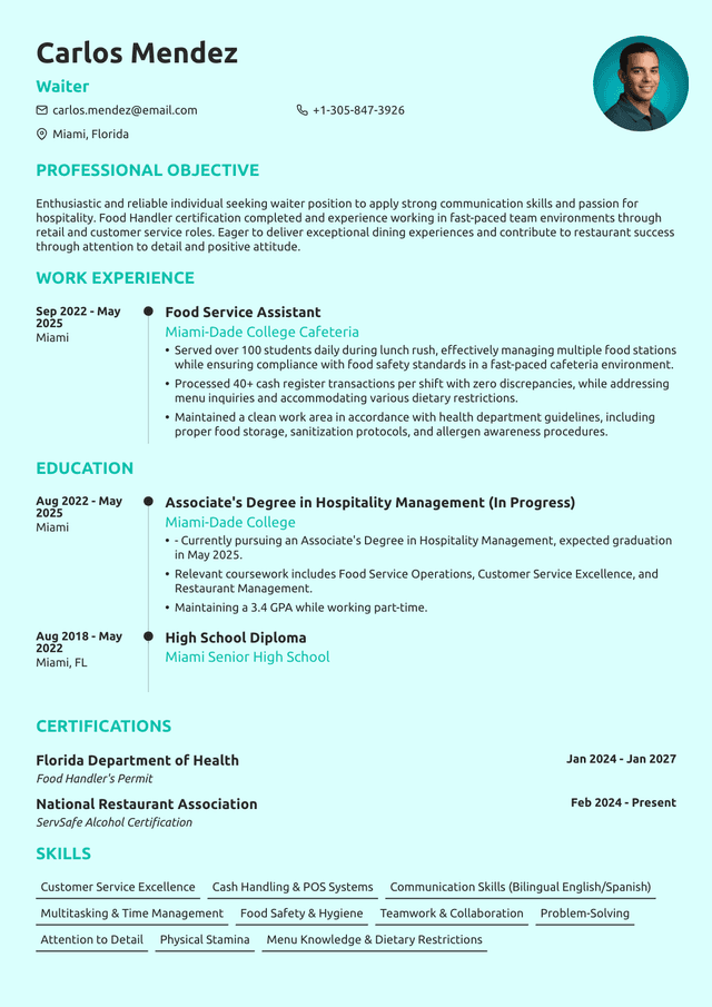 Waiter Resume: Examples and Writing Guide for 2026